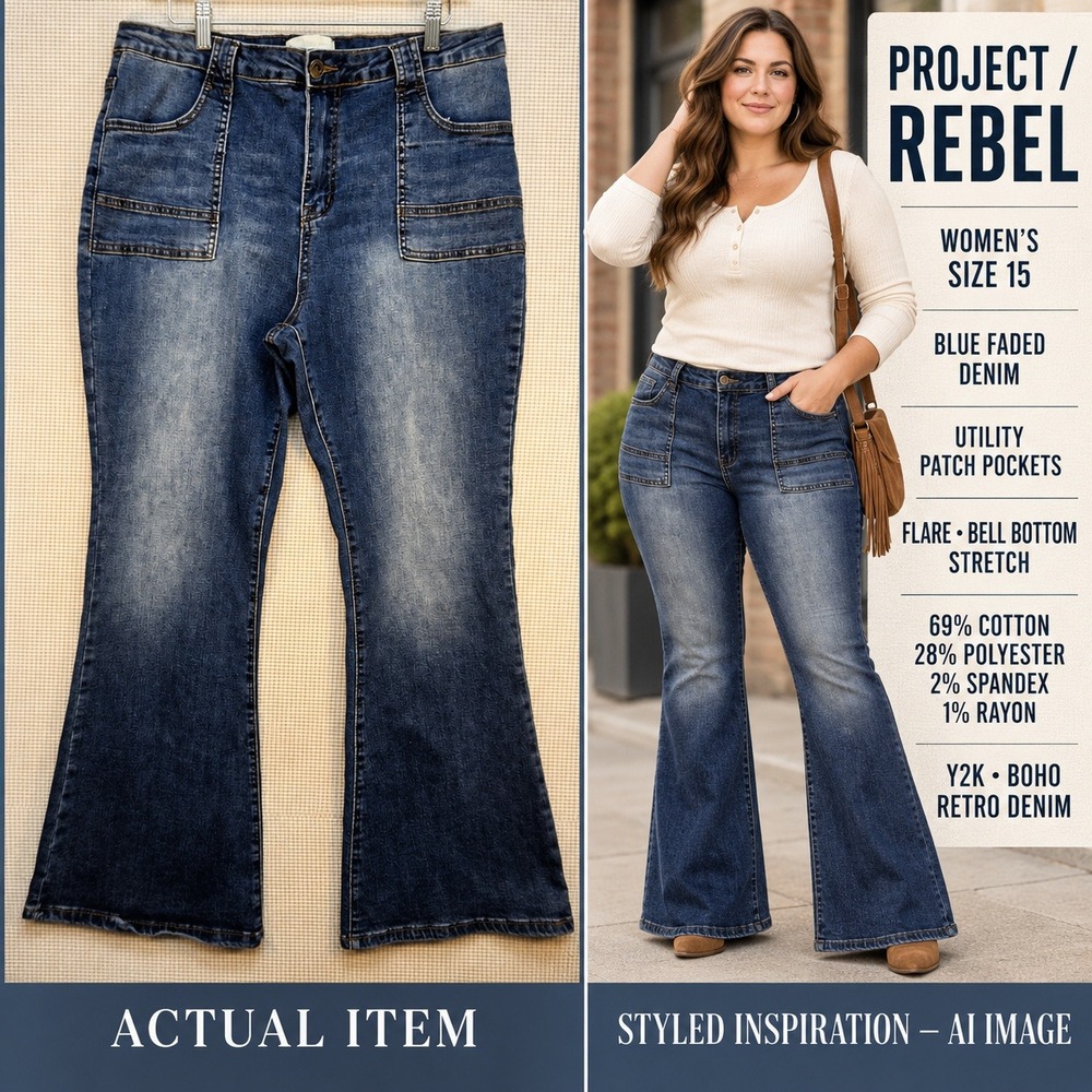 Project Rebel Flare Jeans Size 15 High Rise Wide Leg Retro‎ Patch Pocket Y2K
